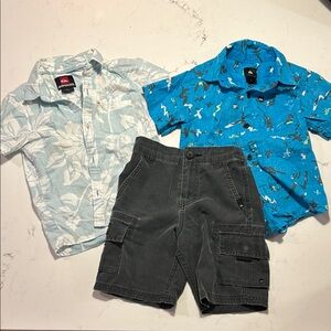 Quiksilver Blue and Gray Kids HawaiianButton Down Shirts, and gray cargo shorts